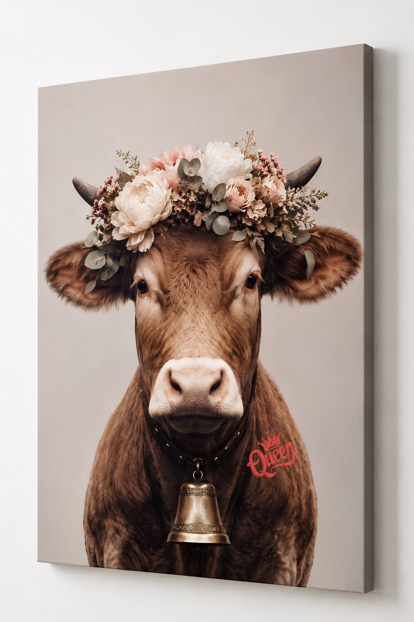 Portrait de vache fleurie pour décoration montagne moderne, avec bouquet délicat, cornes et grande cloche traditionnelle.
