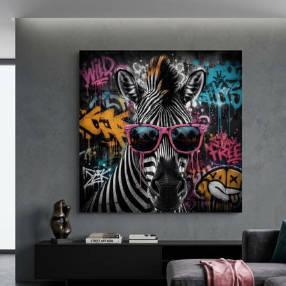 Décoration murale originale représentant un zèbre dans un style pop art et graffiti
