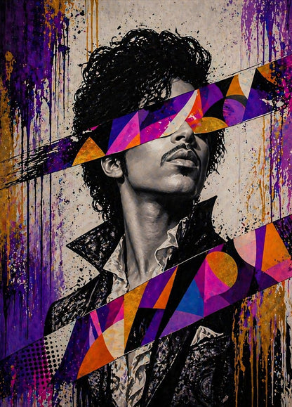 Portrait pop art du chanteur Prince avec bandes géométriques colorées création exclusive Iconik-Art
