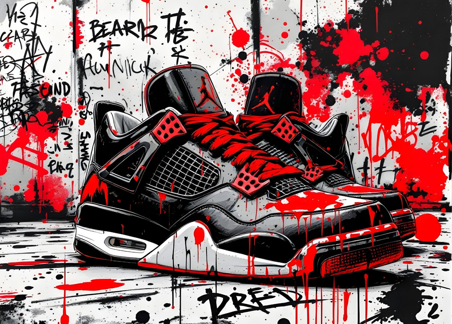 Tableau pop art sneakers graffiti rouge et noir, vue de face
