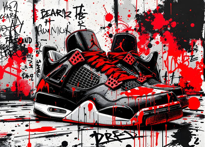 Tableau pop art sneakers graffiti rouge et noir, vue de face
