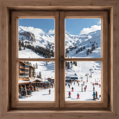 Tableau trompe l'œil avec fenêtre donnant sur une station de ski en montagne
