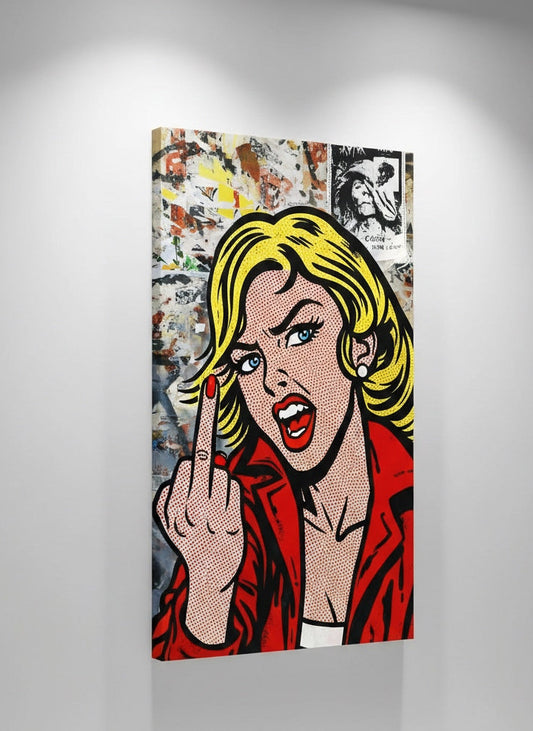 détail points Ben Day contours noirs épais lèvres rouges regard intense
