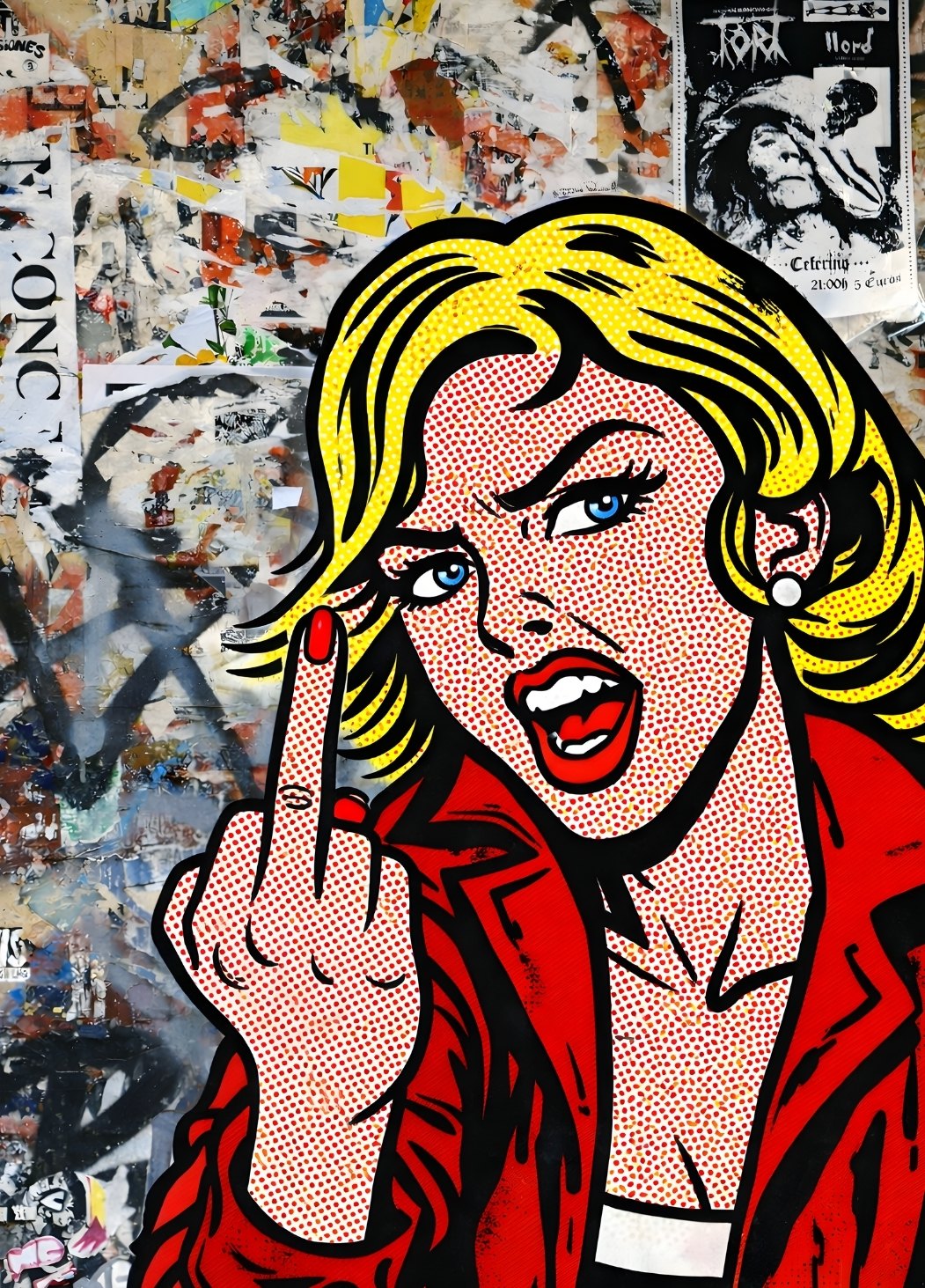 portrait pop art femme blonde geste provocateur style Ben Day fond collage urbain
