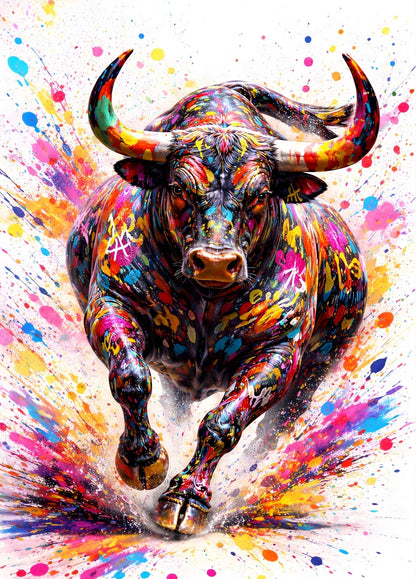 Tableau taureau street art coloré en pleine charge

