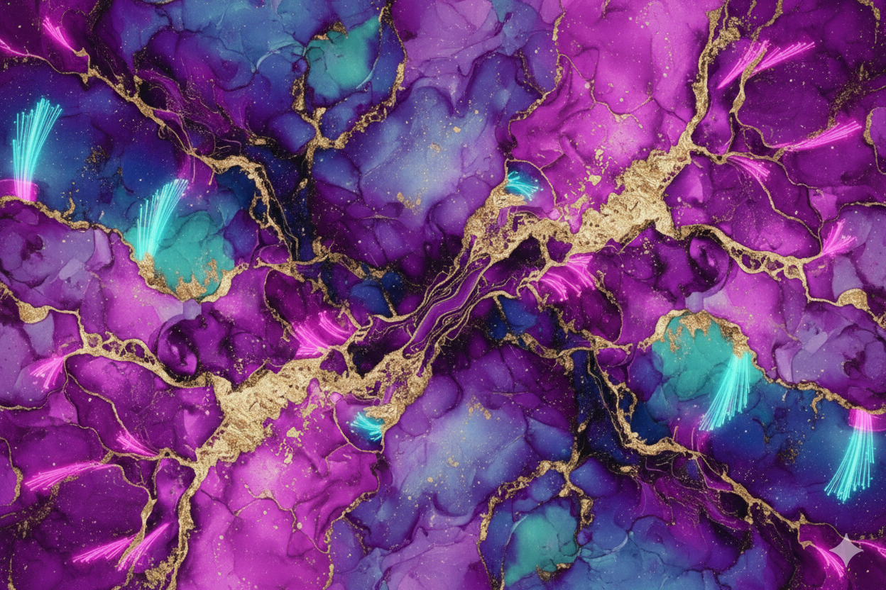 Tableau abstrait violet et turquoise vue de face
