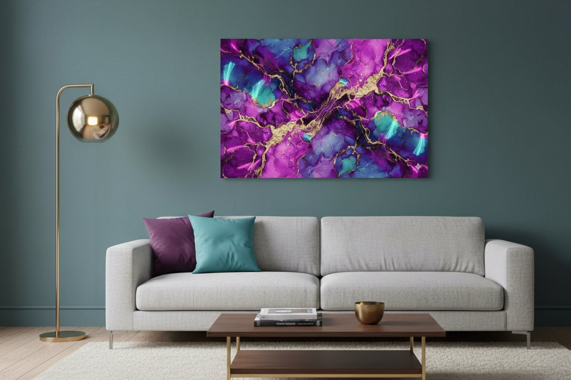Tableau abstrait moderne violet en situation dans un interieur
