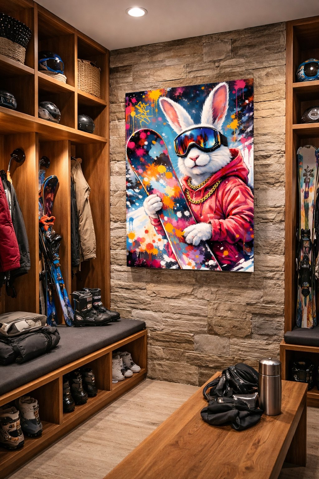 Tableau animal revisité intégré dans un intérieur contemporain ou chalet moderne
