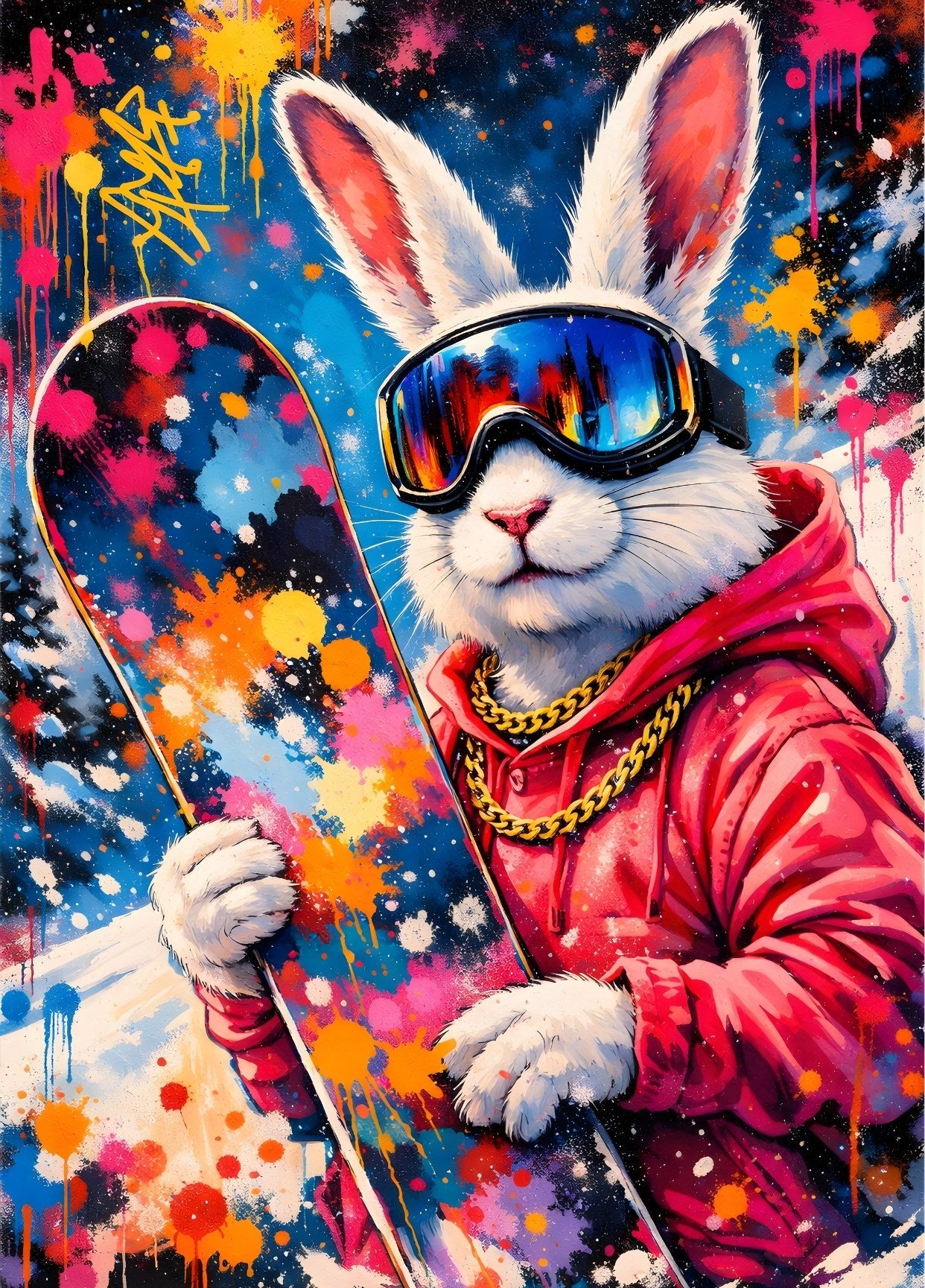 Tableau lapin snowboard en style street art coloré
