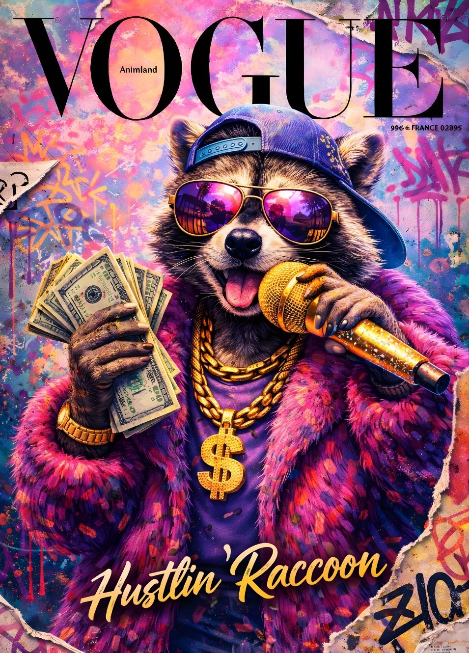 Tableau moderne raton laveur pop art lunettes miroir micro doré ambiance urbaine création exclusive Iconik-Art
