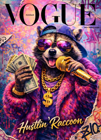 Tableau moderne raton laveur pop art lunettes miroir micro doré ambiance urbaine création exclusive Iconik-Art
