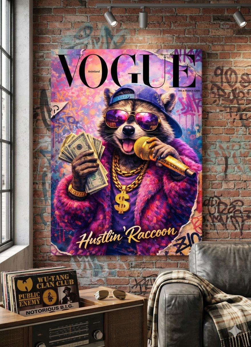 Tableau mural raton laveur intégré dans salon moderne décoration murale street art colorée
