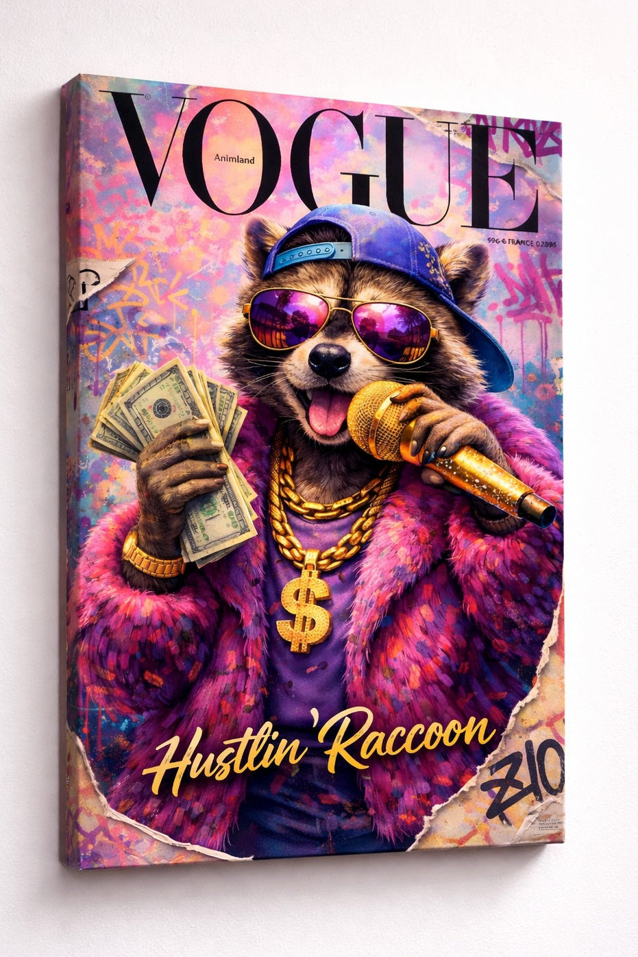 Vue de profil toile raton laveur street art impression haute définition sur châssis bois finition premium
