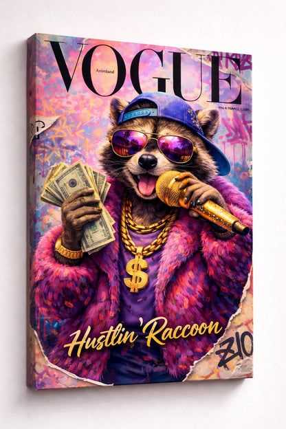 Vue de profil toile raton laveur street art impression haute définition sur châssis bois finition premium
