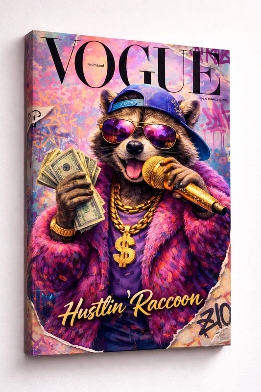 Vue de profil toile raton laveur street art impression haute définition sur châssis bois finition premium
