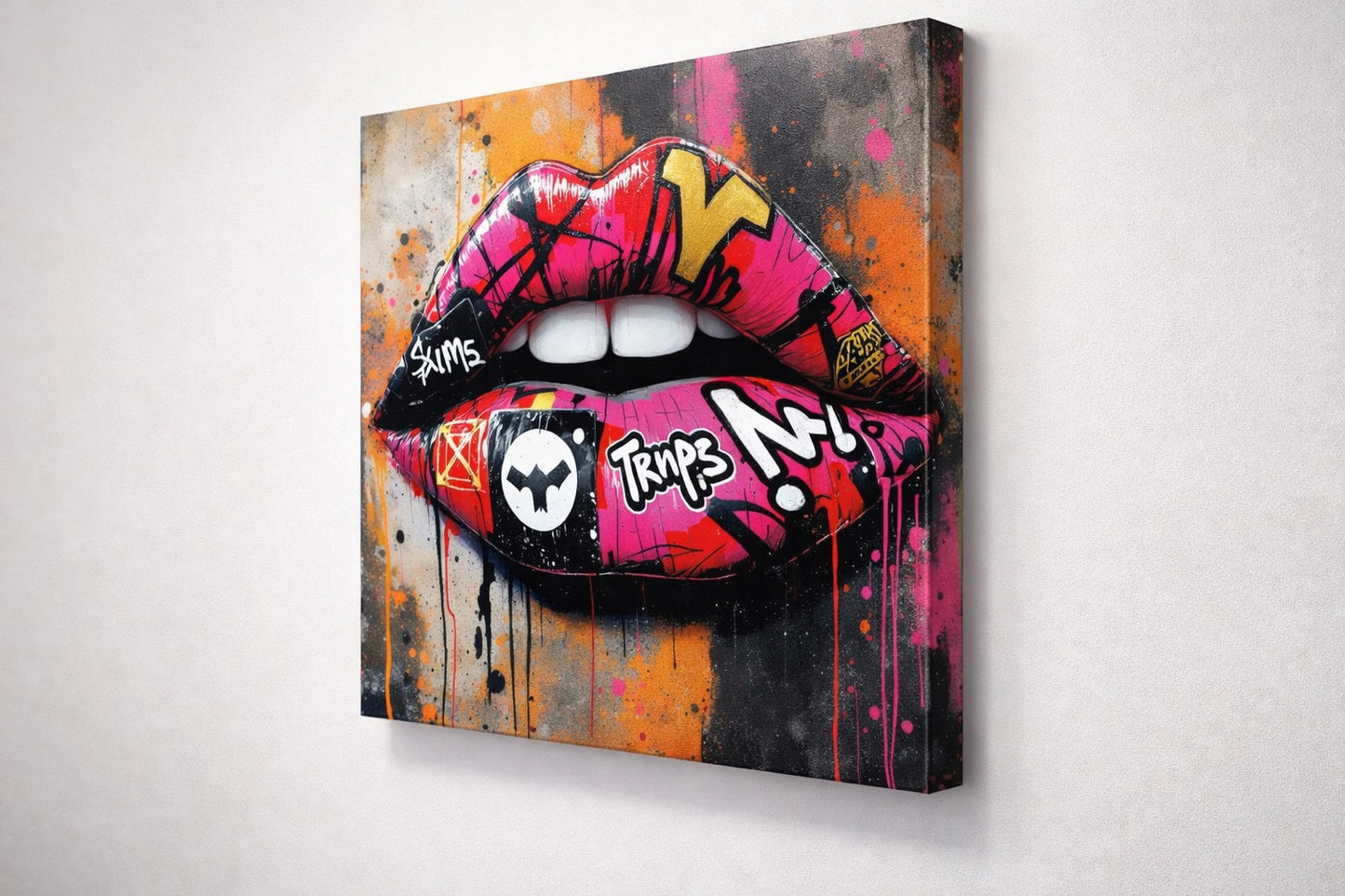 Détails graffiti et textures pop art sur lèvres
