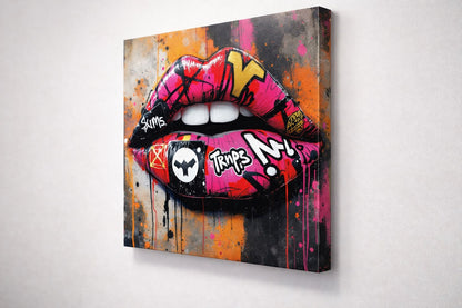 Détails graffiti et textures pop art sur lèvres
