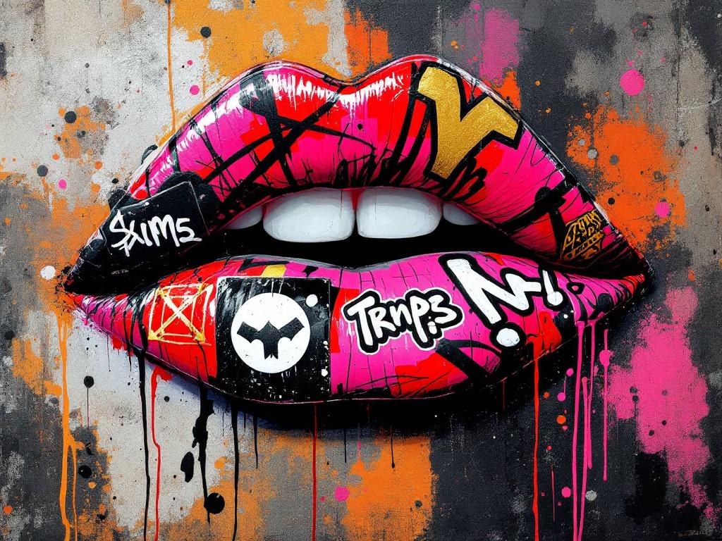 Tableau pop art lèvres graffiti colorées
