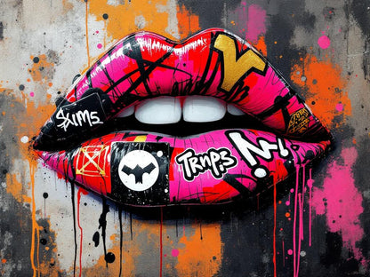 Tableau pop art lèvres graffiti colorées

