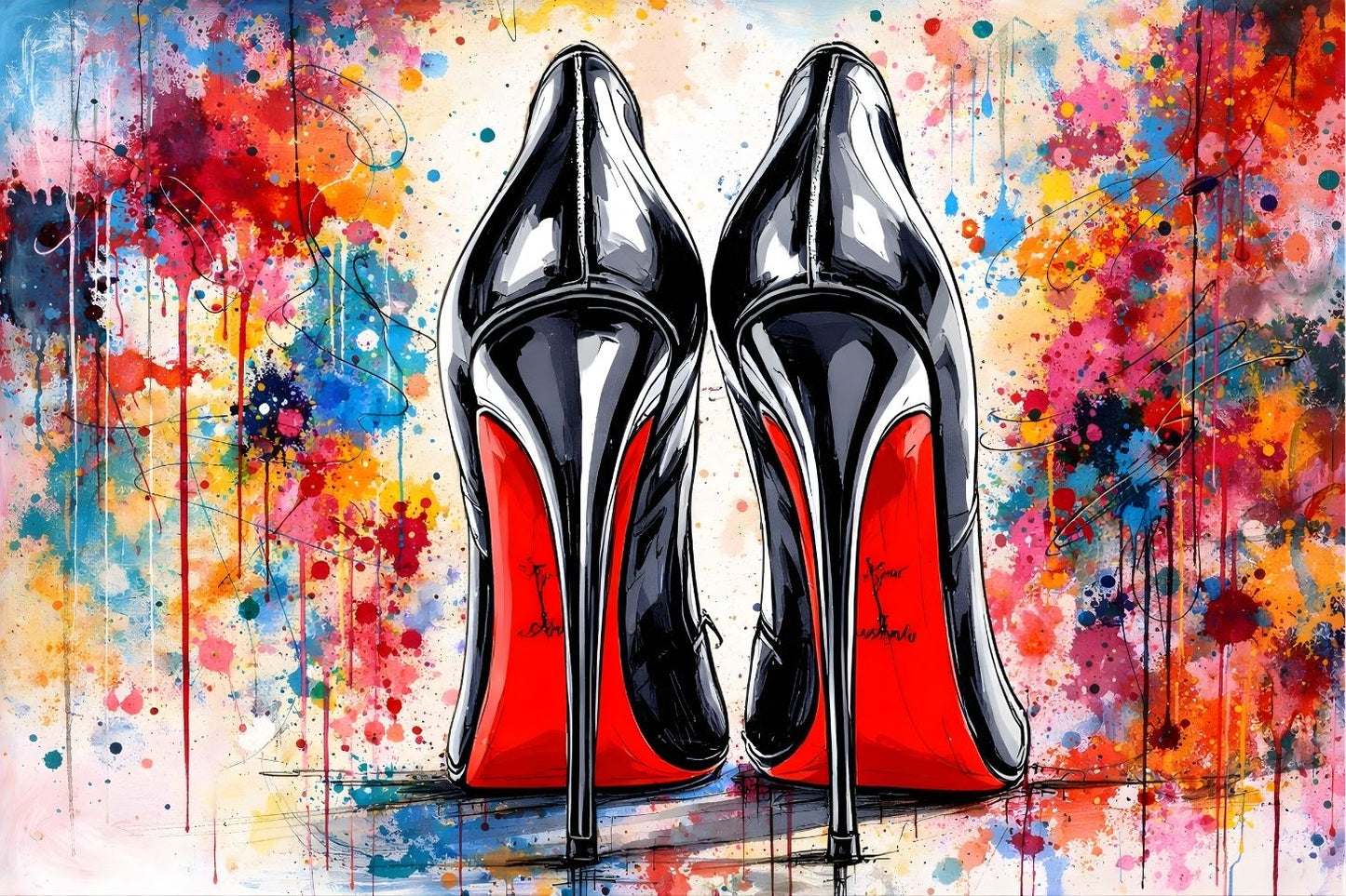 Tableau pop art représentant des escarpins Christian Louboutin, objet iconique du luxe contemporain
