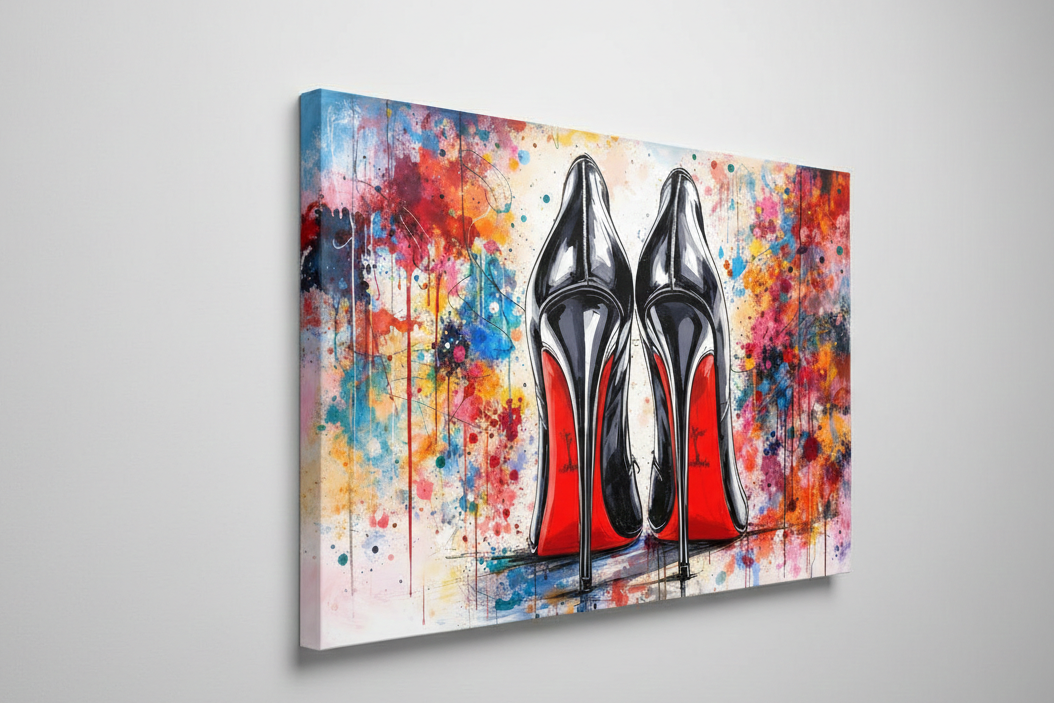 Toile pop art montée sur châssis entoilé, vue matière et profondeur du tableau Red Sole Icon
