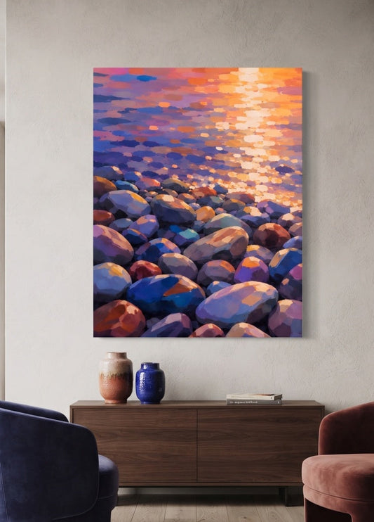 Tableau bord de mer coloré présenté dans un salon contemporain
