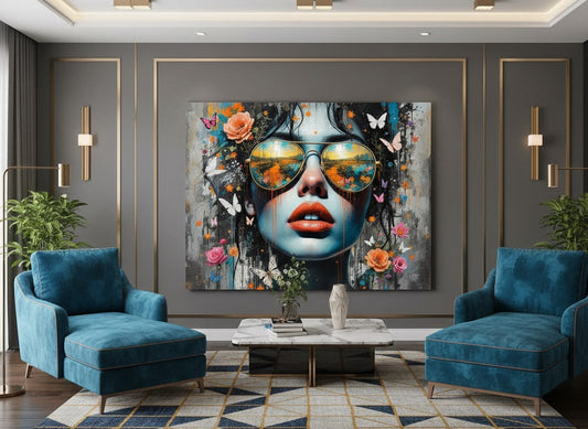 Tableau femme pop art accroché dans salon moderne décoration murale urbaine
