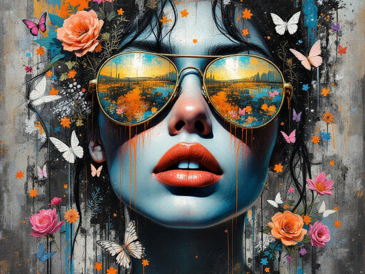 Tableau femme pop art lunettes miroirs reflets urbains street art
