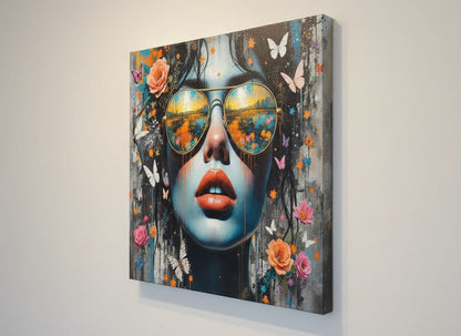 Vue de profil toile femme pop art lunettes miroirs impression haute qualité
