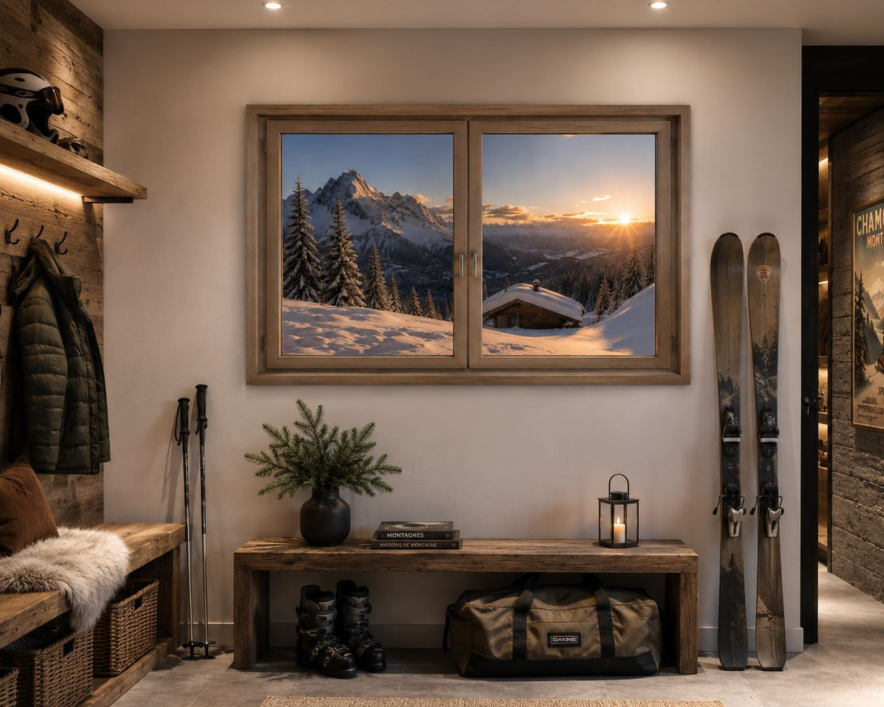 Tableau trompe-l’œil Refuge d’Hiver intégré dans un intérieur chaleureux avec perspective sur un paysage alpin
