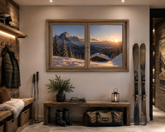 Tableau trompe-l’œil Refuge d’Hiver intégré dans un intérieur chaleureux avec perspective sur un paysage alpin
