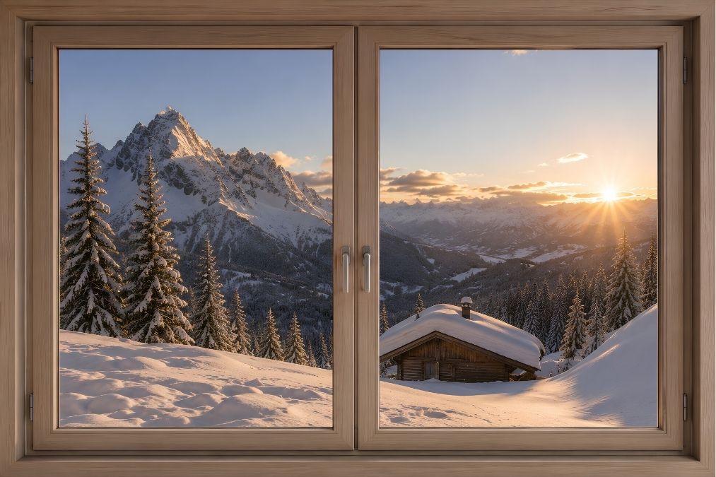 Tableau trompe-l’œil fenêtre donnant sur un paysage de montagne enneigé avec chalet et coucher de soleil
