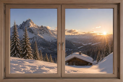 Tableau trompe-l’œil fenêtre donnant sur un paysage de montagne enneigé avec chalet et coucher de soleil
