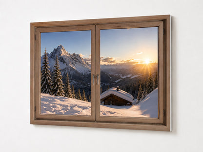 Tableau Refuge d’Hiver imprimé sur PVC 5 mm avec effet de fenêtre donnant sur les montagnes enneigées
