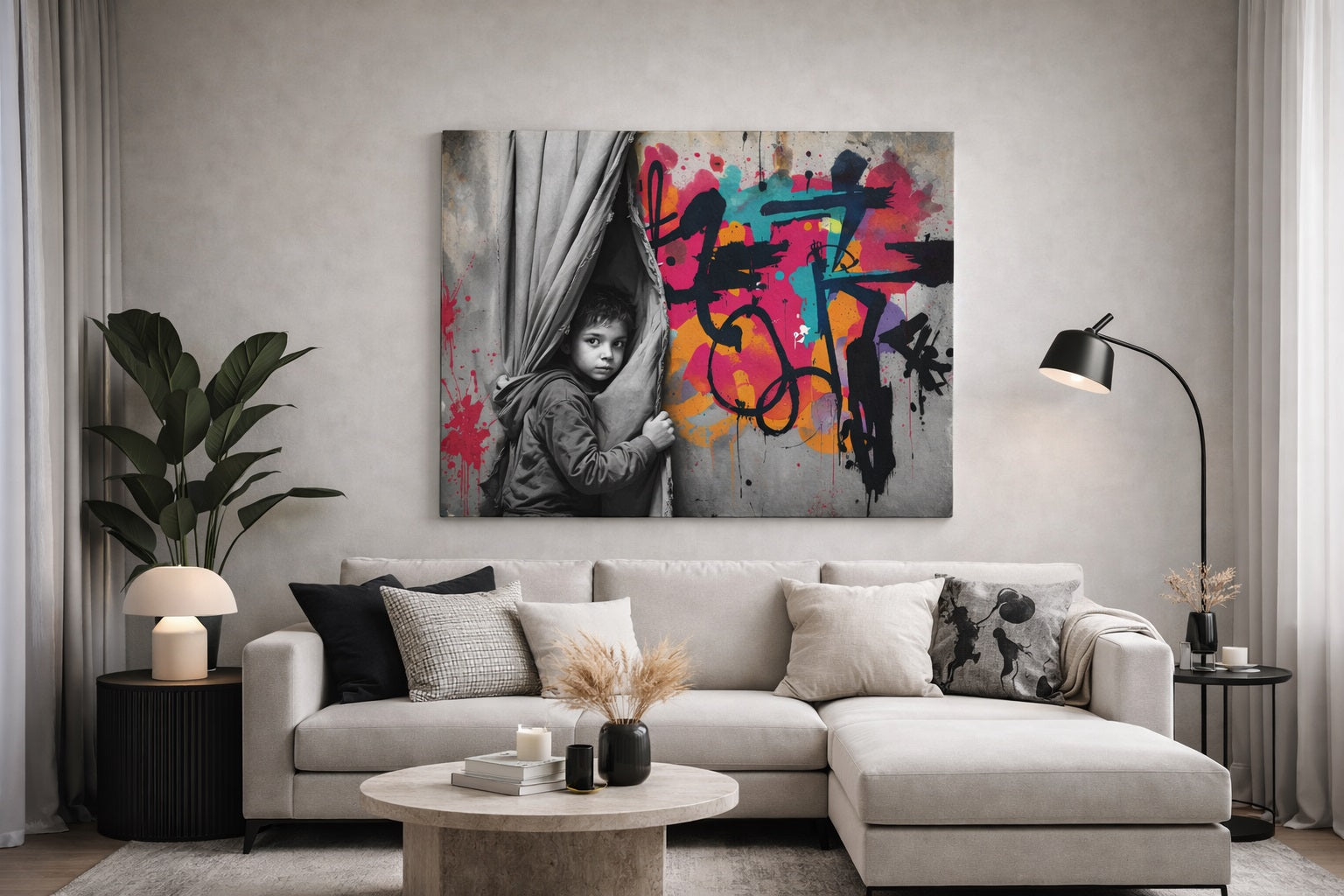 Tableau pop art figuratif en décoration murale urbaine dans un intérieur moderne
