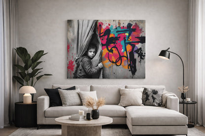 Tableau pop art figuratif en décoration murale urbaine dans un intérieur moderne
