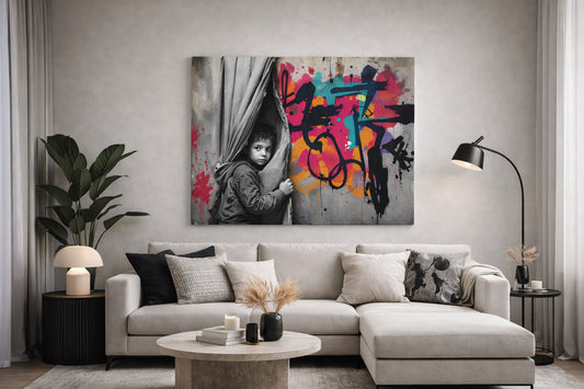 Tableau pop art figuratif en décoration murale urbaine dans un intérieur moderne
