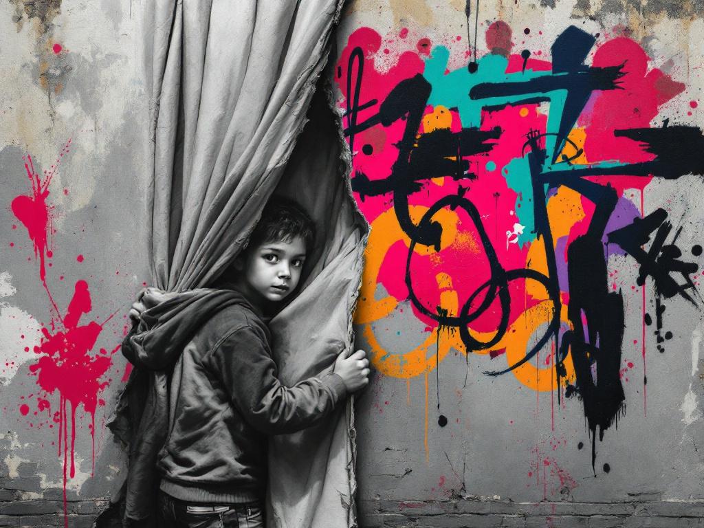 Tableau pop art figuratif urbain enfant noir et blanc et graffiti coloré
