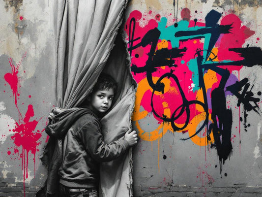 Tableau pop art figuratif urbain enfant noir et blanc et graffiti coloré
