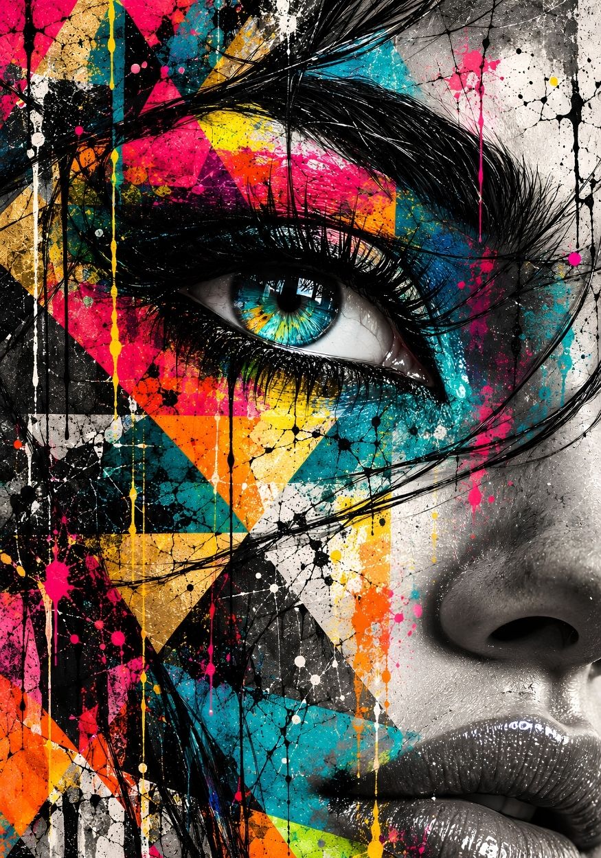 Tableau femme coloré avec œil bleu et motifs graphiques
