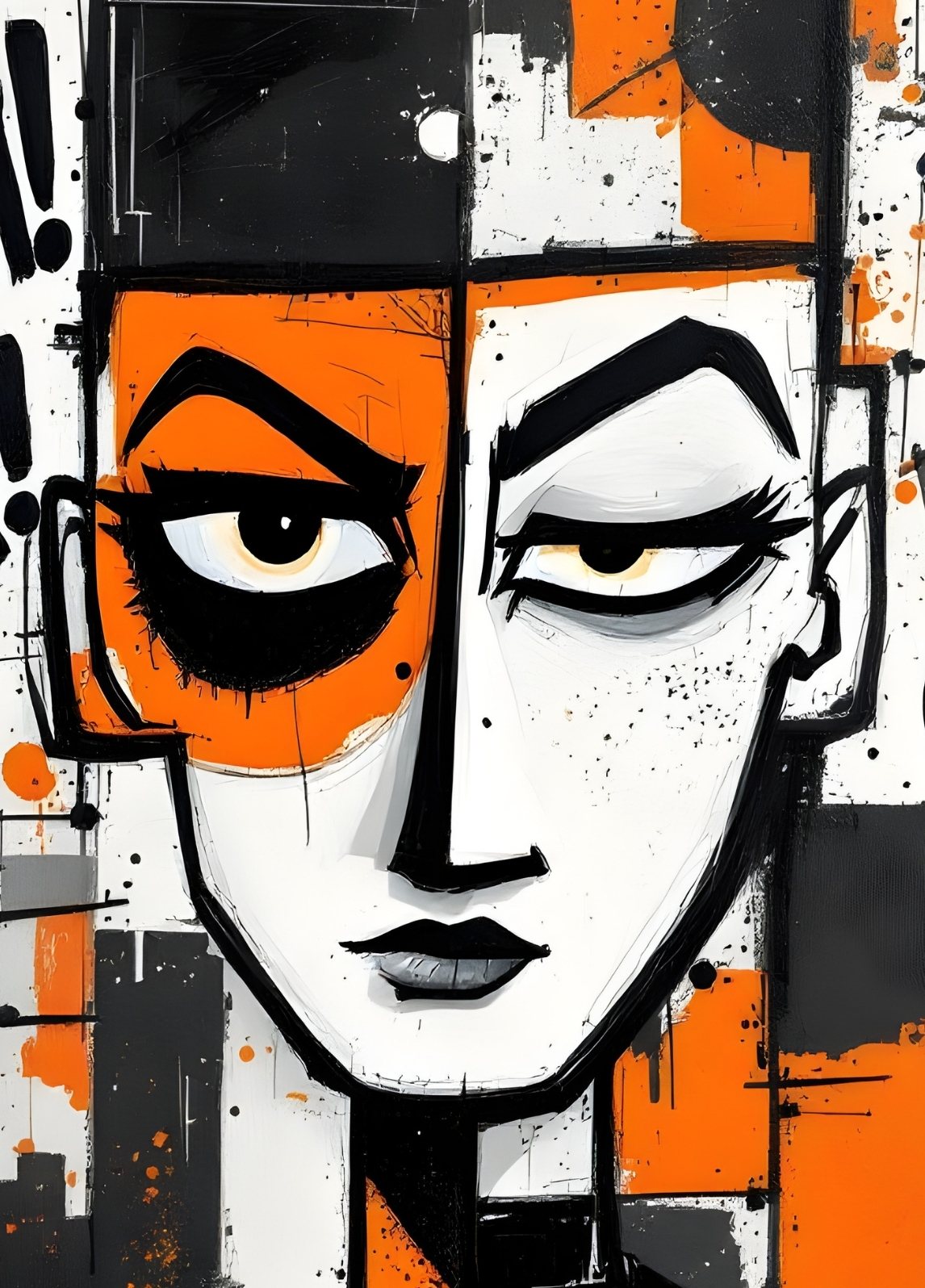 Tableau portrait moderne visage fragmenté noir blanc orange style graphique urbain
