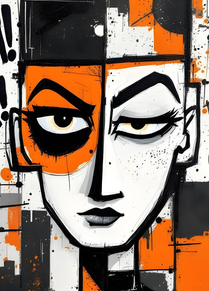 Tableau portrait moderne visage fragmenté noir blanc orange style graphique urbain
