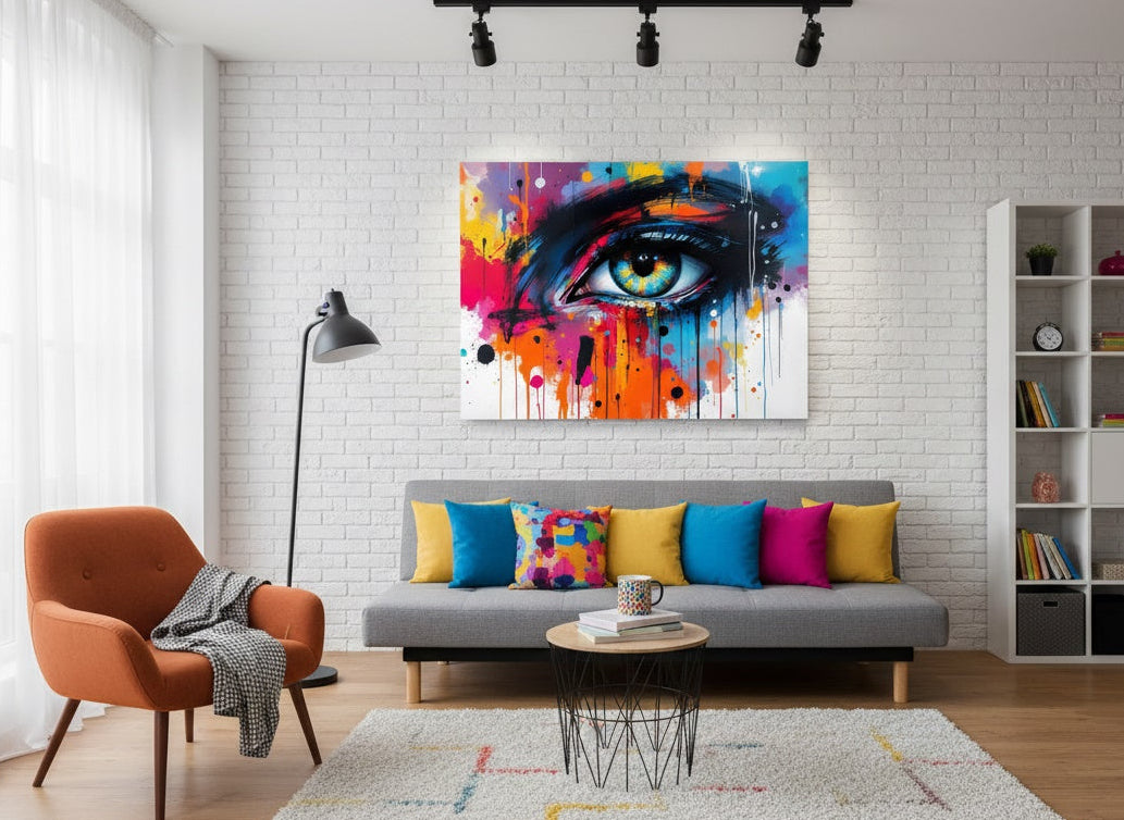 Tableau regard pop art accroché dans loft moderne ambiance urbaine colorée et artistique
