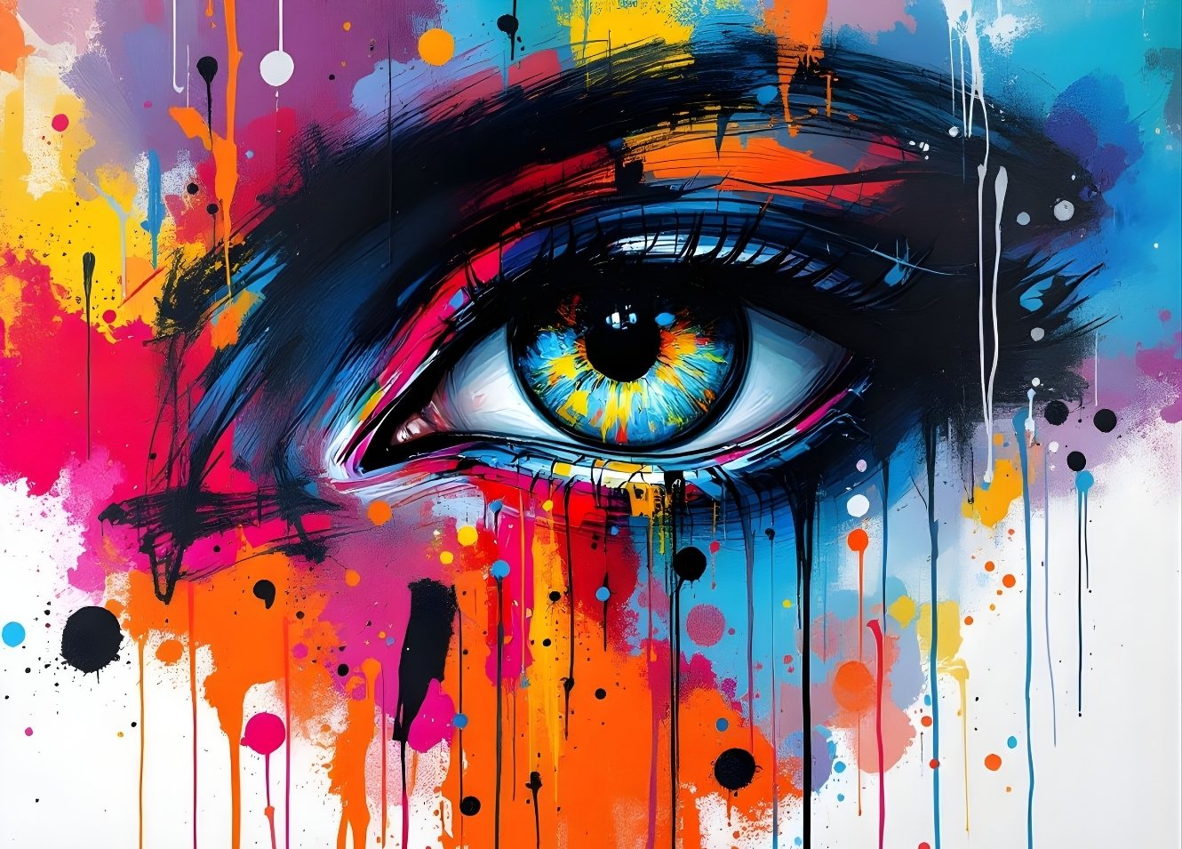 Tableau œil pop art graffiti éclaboussures colorées décoration murale contemporaine expressive
