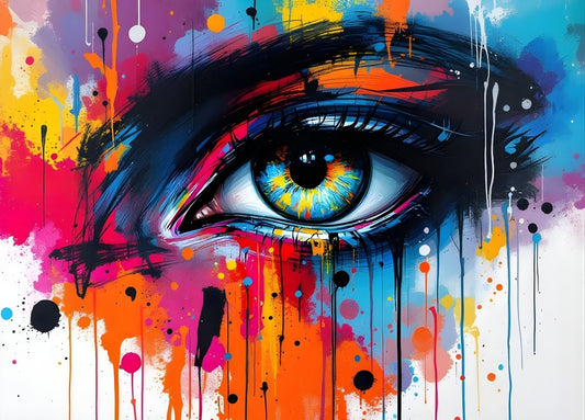 Tableau œil pop art graffiti éclaboussures colorées décoration murale contemporaine expressive
