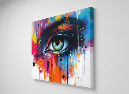 Vue de profil toile regard pop art sur châssis impression haute qualité couleurs vibrantes
