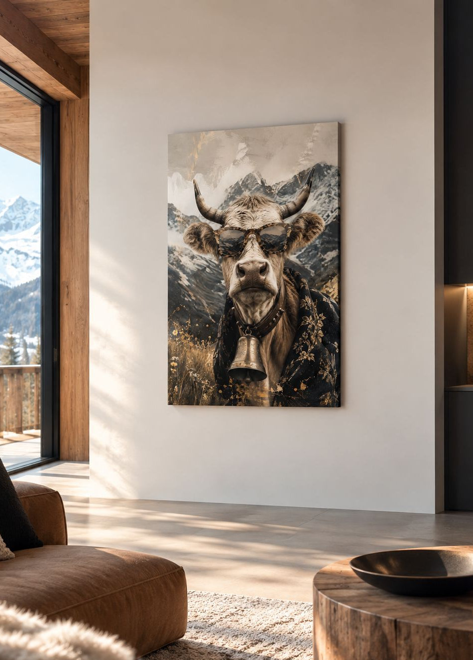 Tableau animal décalé représentant une vache des montagnes
