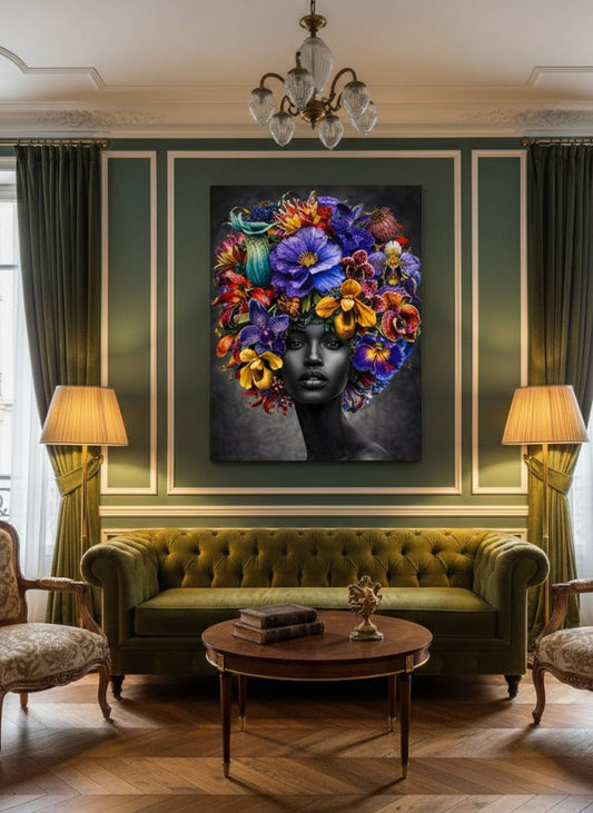 Portrait floral contemporain en situation dans salon design

