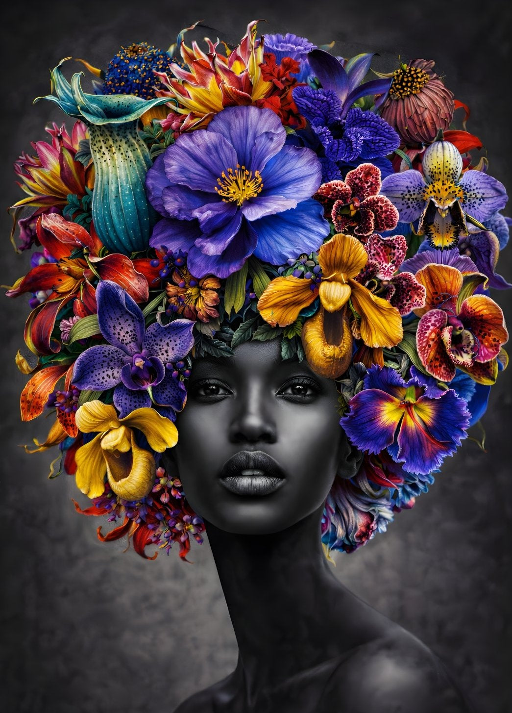 Portrait femme noir et blanc avec couronne florale colorée
