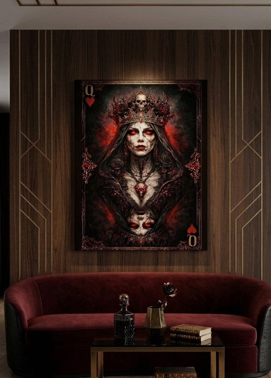 Image artistique gothique d’une reine carte à jouer avec détails rouges et noirs, style moderne pour décoration murale
